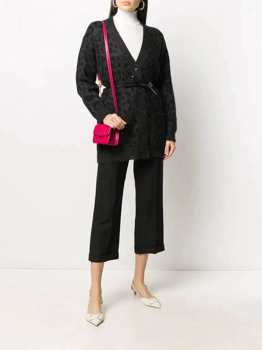 Valentino - Leopard Pattern Belted V Neck Cardigan