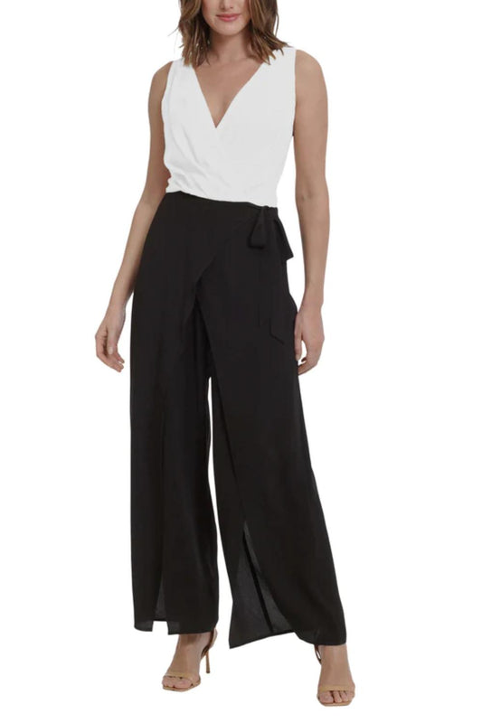 London Times - Sleeveless Tie-belt Contrast Jumpsuit