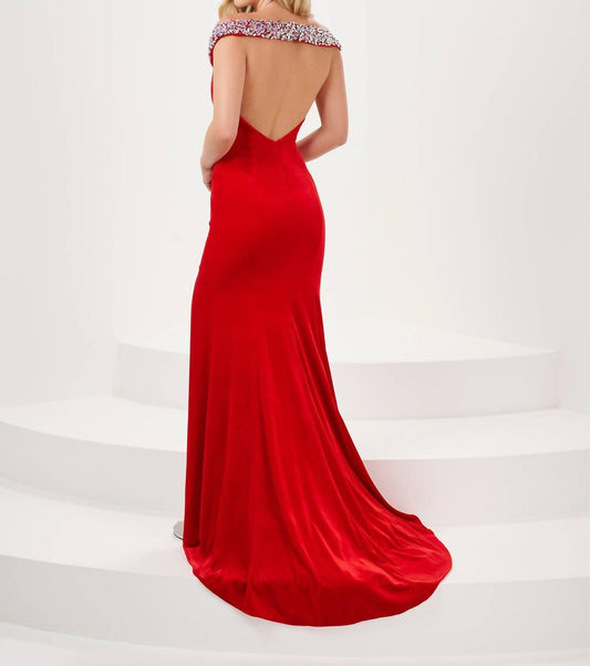 Tiffany Designs - Fitted Beaded Velvet Off Shoulder Shawl Gown