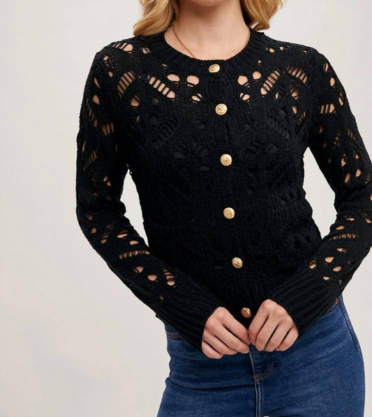 Bluivy - C02203-Crew Neck Button Down Pointelle Knit Cardigan