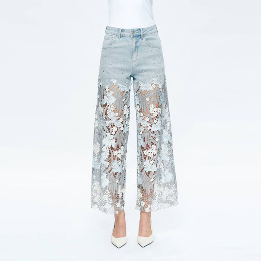 Bayeas - High Rise Wide Leg Jeans With Lace Spliced