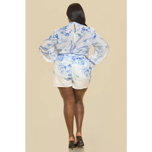 The Sang - Women's Floral Tied Neck Blouse With Short Set