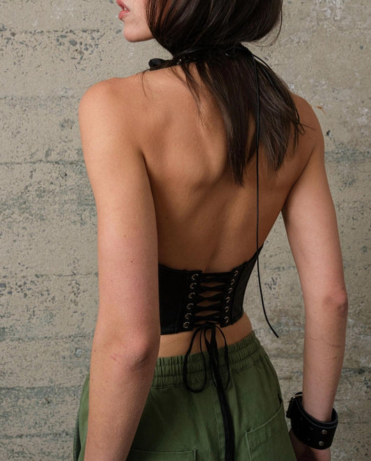 Signature8 - Halter Leather Zip Up Front Corset Top