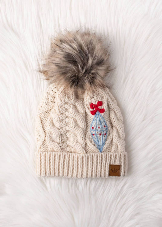Panache Apparel - Women's Cable Knit Pom With Embroidered Ornament Hat