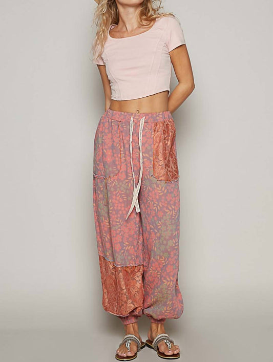 Pol - Floral Pattern Lace Patch Jogger Pants