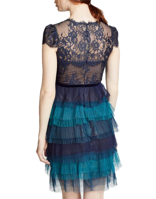 Marchesa - TIERED RUFFLE SHORT SLEEVE COCKTAIL DRESS WITH TIE