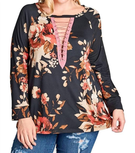 Umgee - Floral Lace Up Top - PLUS