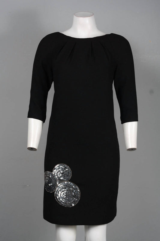 Theia - Elbow Sleeve Embellished Bottom Detail Wool Blend Dress