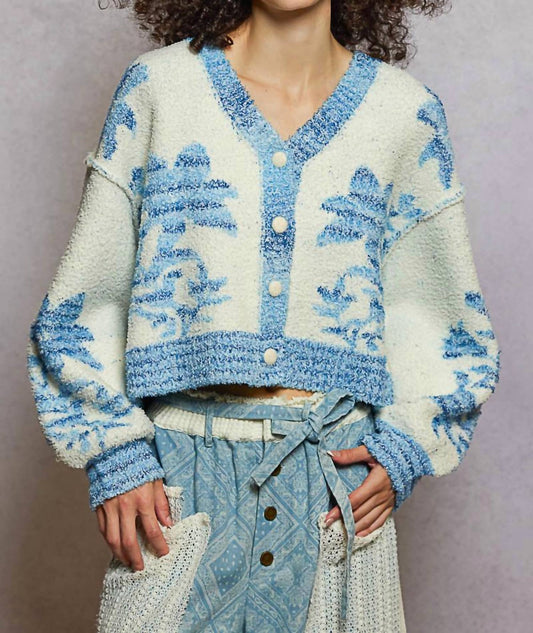 Pol - Floral Pattern V Neck Balloon Sleeve Berber Cropped Cardigan