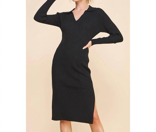 Allie Rose - Ribbed V Neck Collar Long Sweater Dress