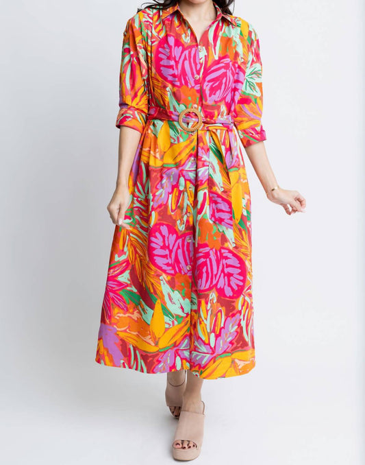 Karlie - Abstract Tropical Palm Shirt Midi Dress