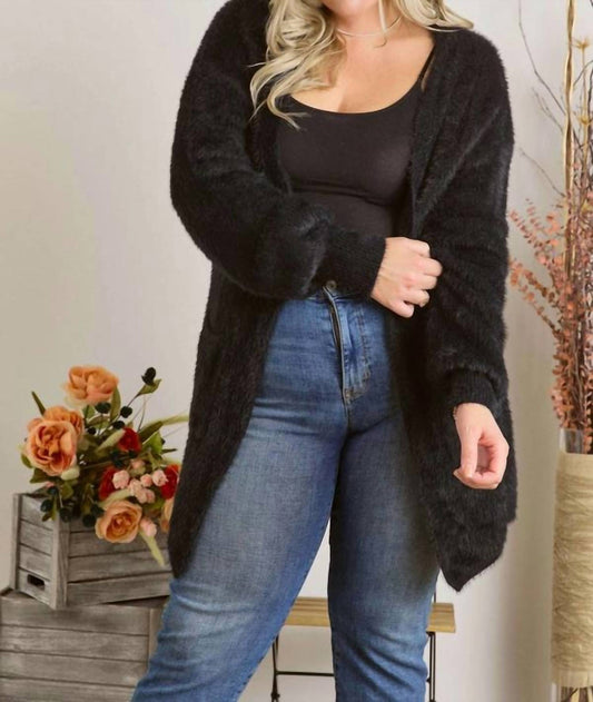 Adora - Curvy Fuzzy Solid Open Cardigan
