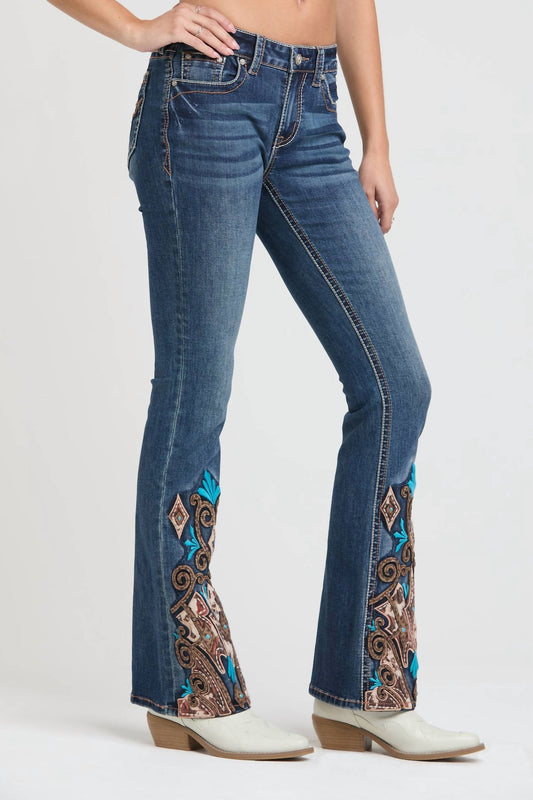 Grace In La - WESTERN EMBROIDERY HEM DETAIL FLARE JEANS