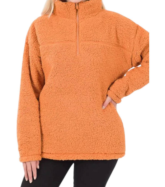 Zenana - Soft Sherpa Half Zip Pullover With Pockets