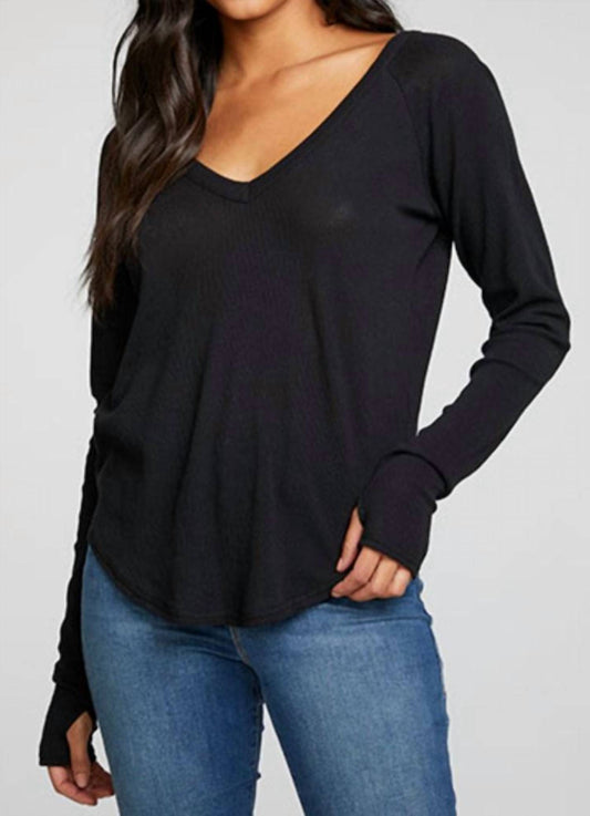 Heritage Waffle Long Sleeve Double V Neck Shirttail Tee