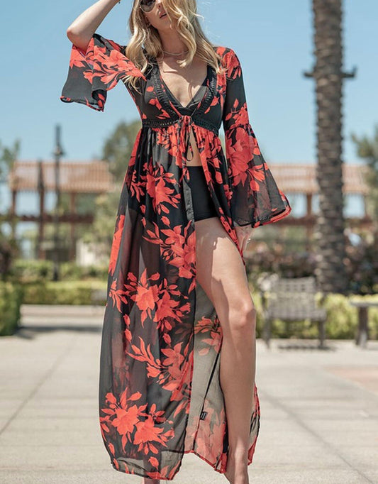 Trend:Notes - Floral Print Maxi Coverup Cardigan