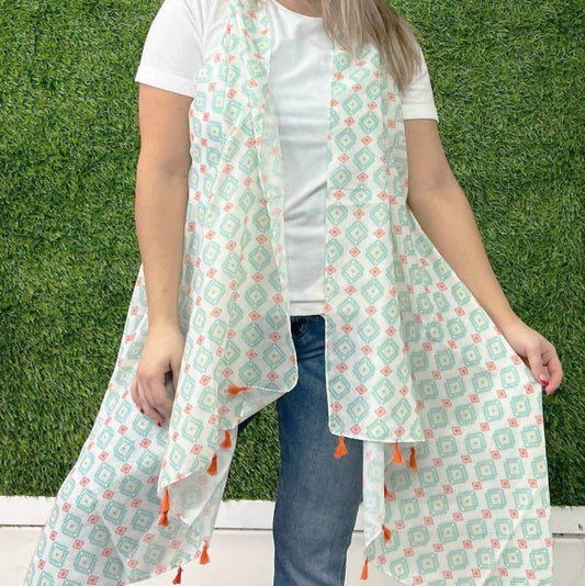 Grace + Emma - Women's Boho Western Aztec Print Kimono Vest