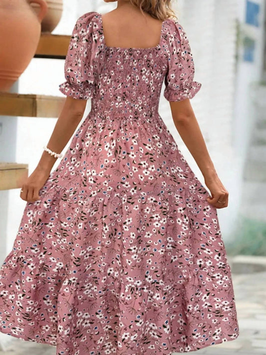 Trendsi - Floral Square Neck Short Sleeve Tiered Dress