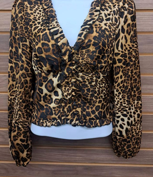 Papermoon - Women's Leopard Ruffle Elastic Mid Chiffon Button Blouse