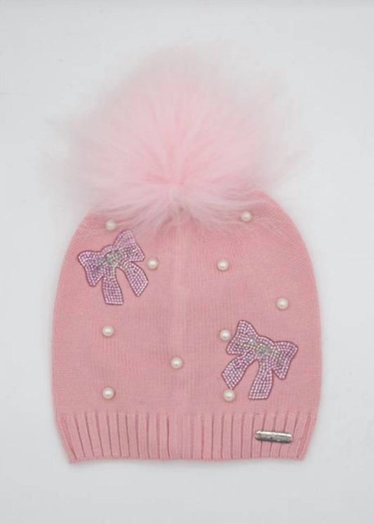 Bari Lynn - Girl's Pearl And Rhinestone Bows Beanie With Fur Pom