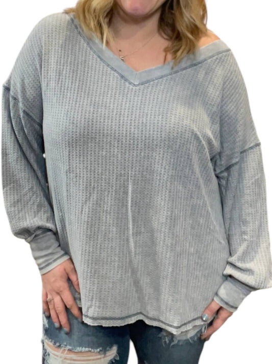 She + Sky - Waffle Knit Bubble Sleeve Pullover Sweater