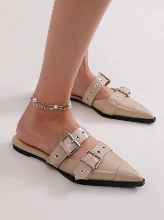 Beast Fashion - Women's Double Buckle Strap Pointed Toe Flat Mules
