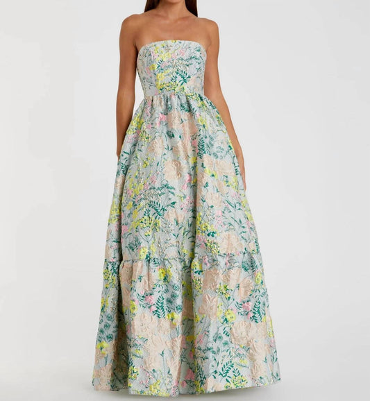 Ieena For Mac Duggal - Floral Strapless Brocade A-line Gown
