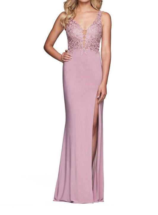 Faviana - Floral Lace High Slit Dress