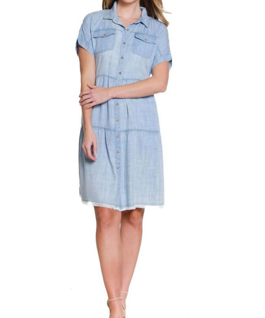 Multiples - Cuffed Cap Sleeve Dolman Tiered Solid Twill Shirtdress
