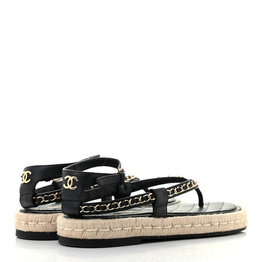Chanel - Women's Lambskin Chain Thong Espadrille Sandals