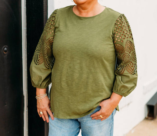 Multiples - 3/4 Sleeve Scoop Neck Top With Embroidery