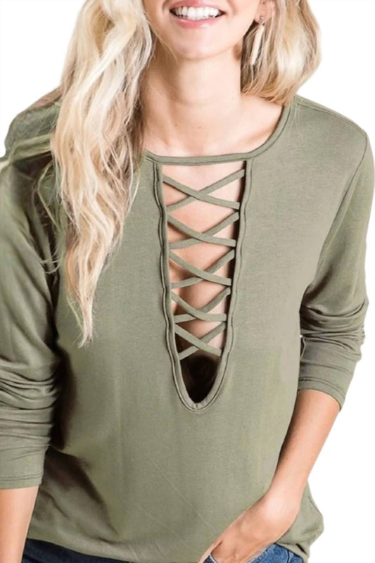 Bibi - Criss Cross Caged Neck Knit Top