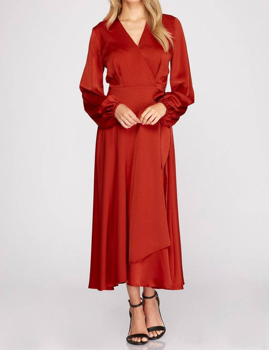She + Sky - Long Sleeve Maxi Satin Wrap Dress With Front Side Tie