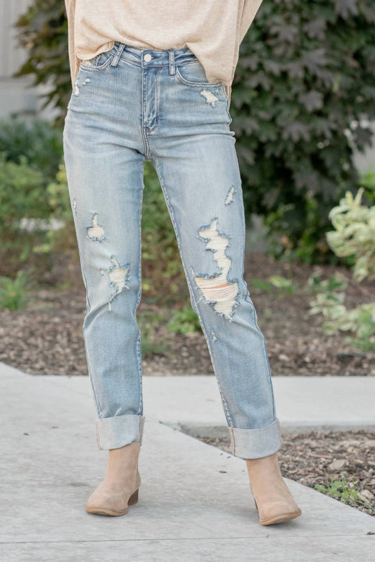 Judy Blue - High Waist Double Cuff Fray Hem Distressed Boyfriend Jeans
