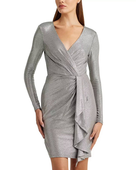 Ralph Lauren - Metallic Knit Faux Wrap Ruffle Dress