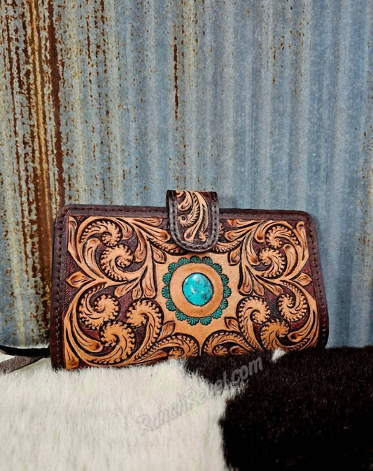 American Darling - Women's Tooled Leather Wallet With Turquoise Detail