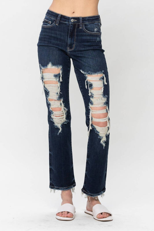 Judy Blue - Mid Rise Ripped Straight Denim Jeans