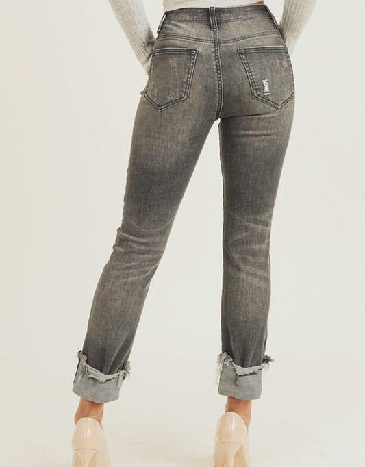 Risen - Mid Rise Frayed Cuff Ankle Straight Jeans