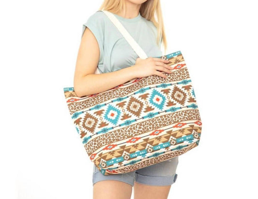 Judson & Co. - Leopard and Aztec Print Canvas Tote Bag