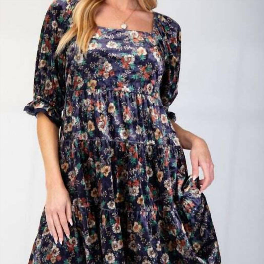 Easel - Women's Bubble Sleeves Printed Velvet Dress