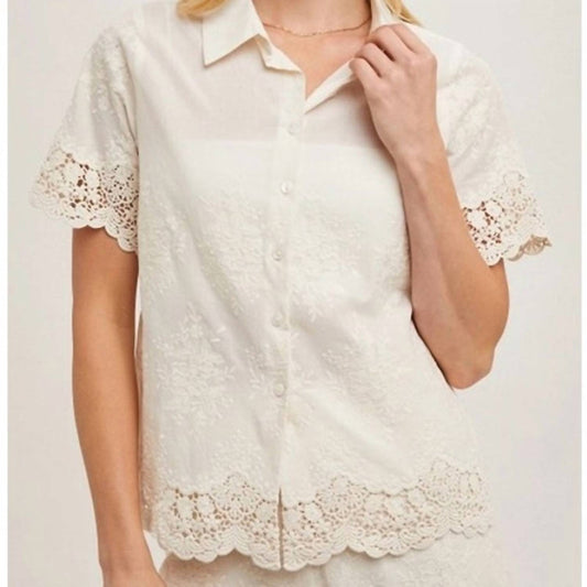 Bluivy - Cotton Embroidered Lace Trimmed Button Shirt