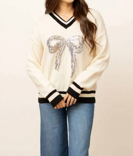 Grace + Emma - Silver Sequin Bow on Cream Varsity Sweater