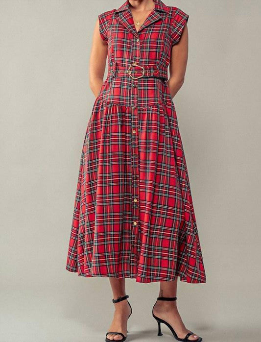 Faire - Dashing Plaid Belted A-line Dress