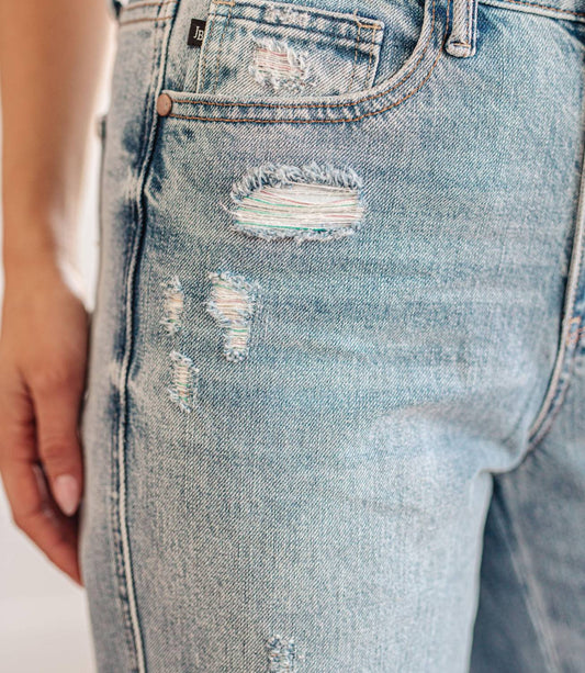 Judy Blue - High Rise Rigid Magic Destroyed Straight Jeans