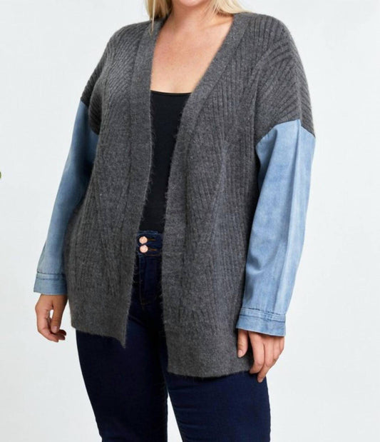 Davi & Dani - Oversize Sweater Cardigan with Denim Sleeve