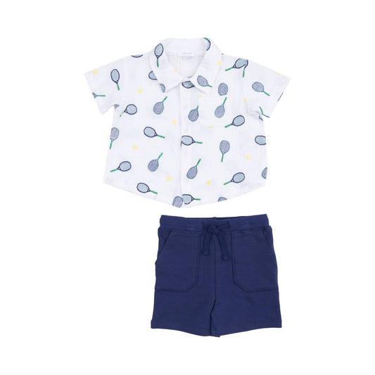 Angel Dear - Tennis Button Down Polo Muslin With French Terry Short