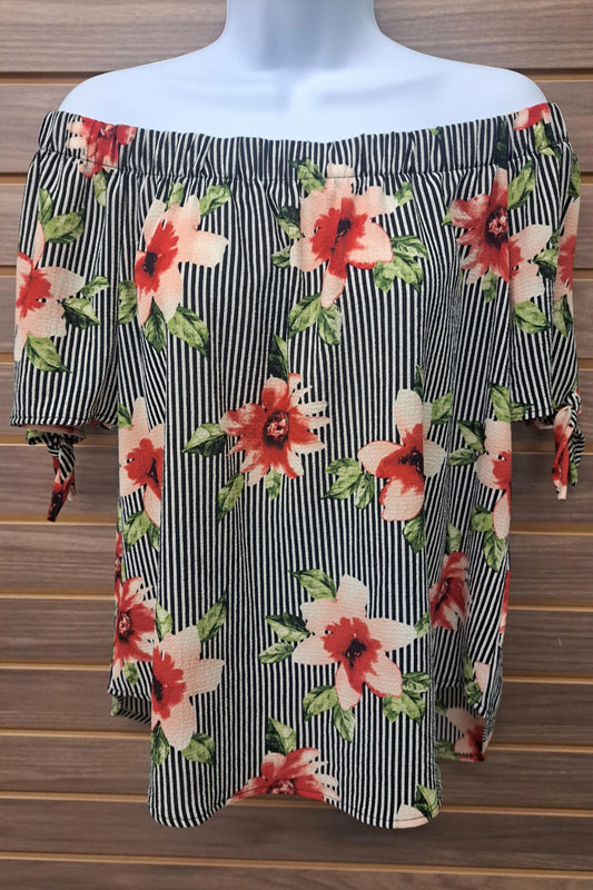 Jodifl - Women's Floral Stripe Off Shoulder Tie Sleeve