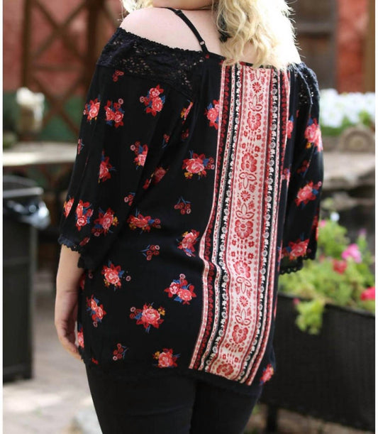 Angie - Floral Twin Print Cold Shoulder Top - PLUS