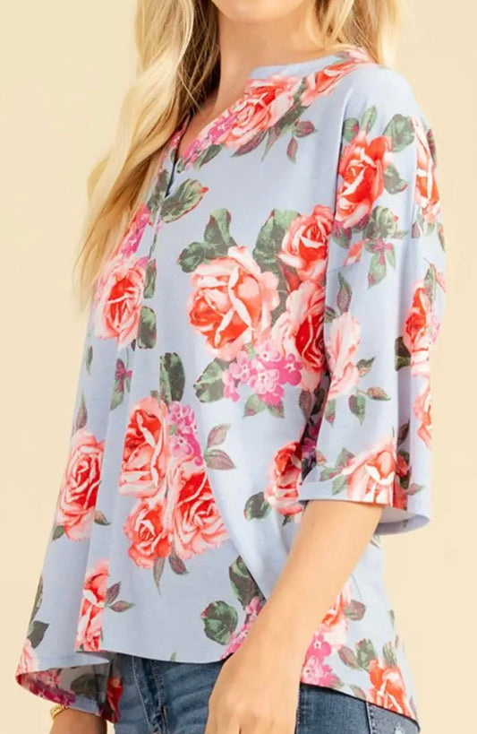 Sew In Love - Blue & Red Floral Half Sleeve Top
