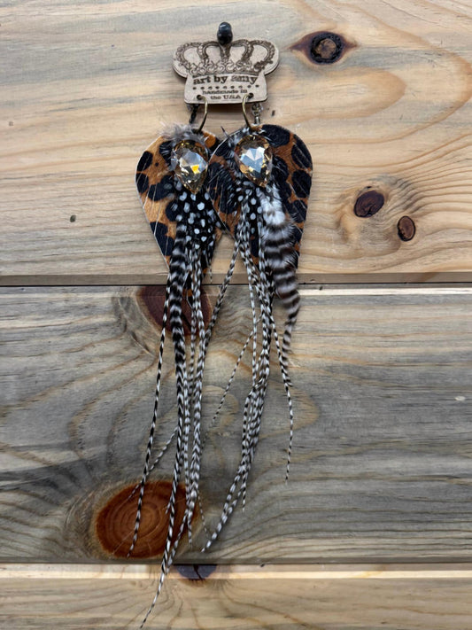 Art By Amy Labbe - Women's Cheetah Feathered Leather Earrings